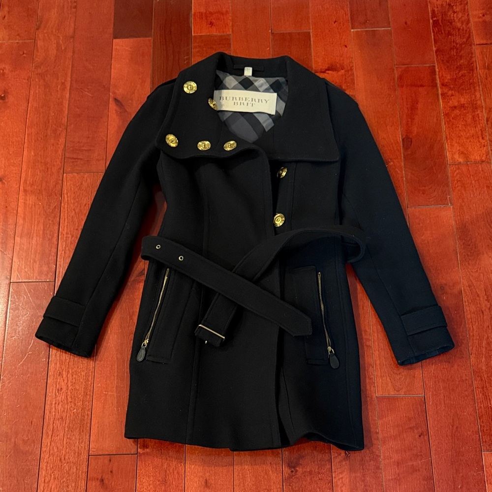 Burberry Brit Black Wool Coat with Gold Accents, Size US 6